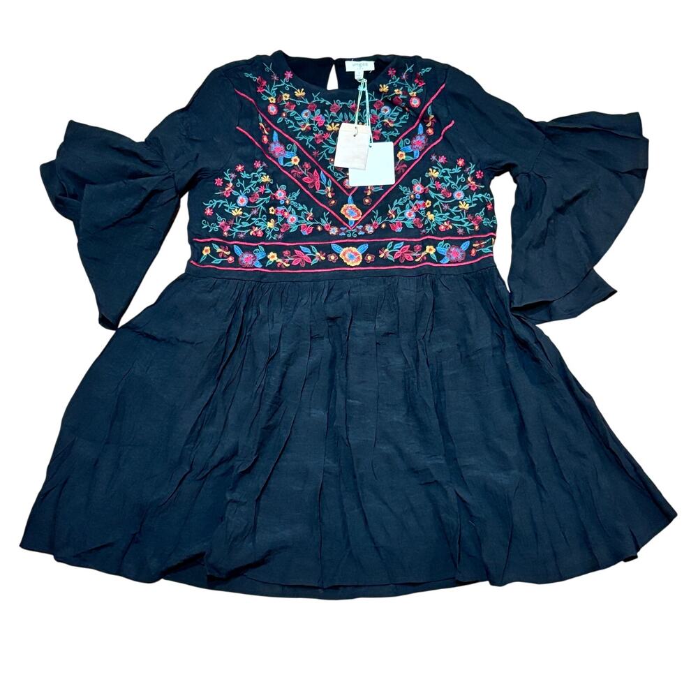 Umgee Dress Boho Bliss Embroidered Women's Small NWT Black 1/2 Bell Sleeve C0384